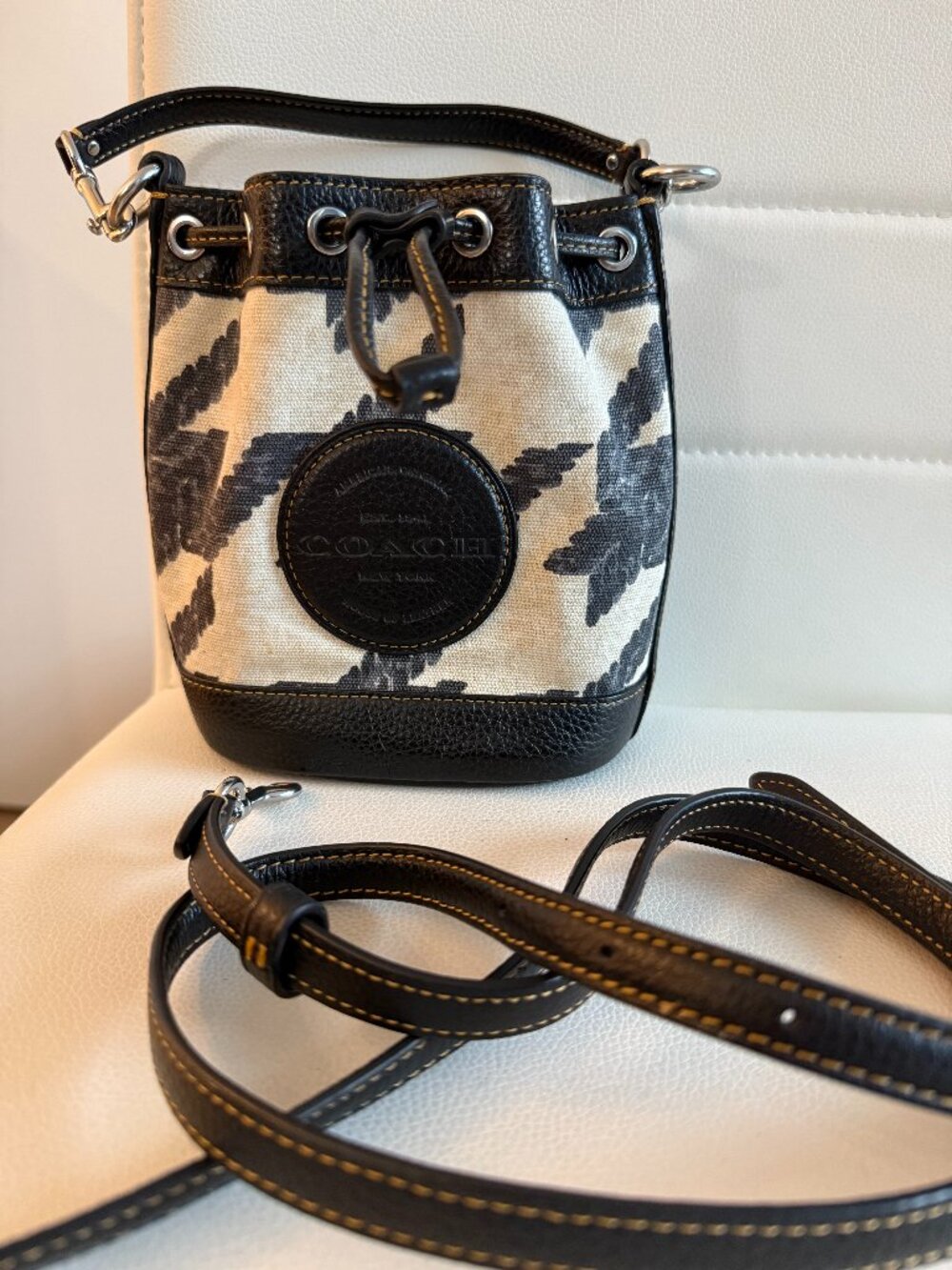 NWOT Coach CJ719 Mini Dempsey Bucket Bag w/ Houndstooth Print Patch Cream/Black